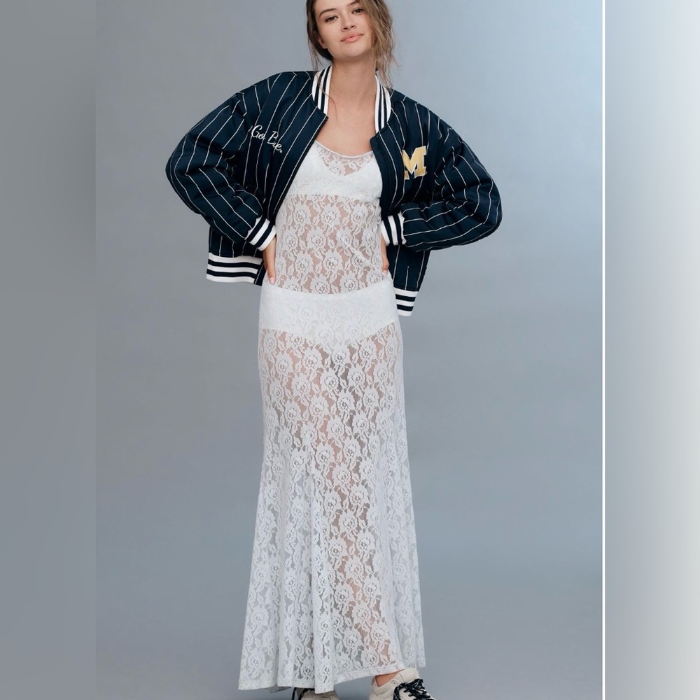 Anthropologie Godet Lace Maxi Slip Dress in sky sz S NWT